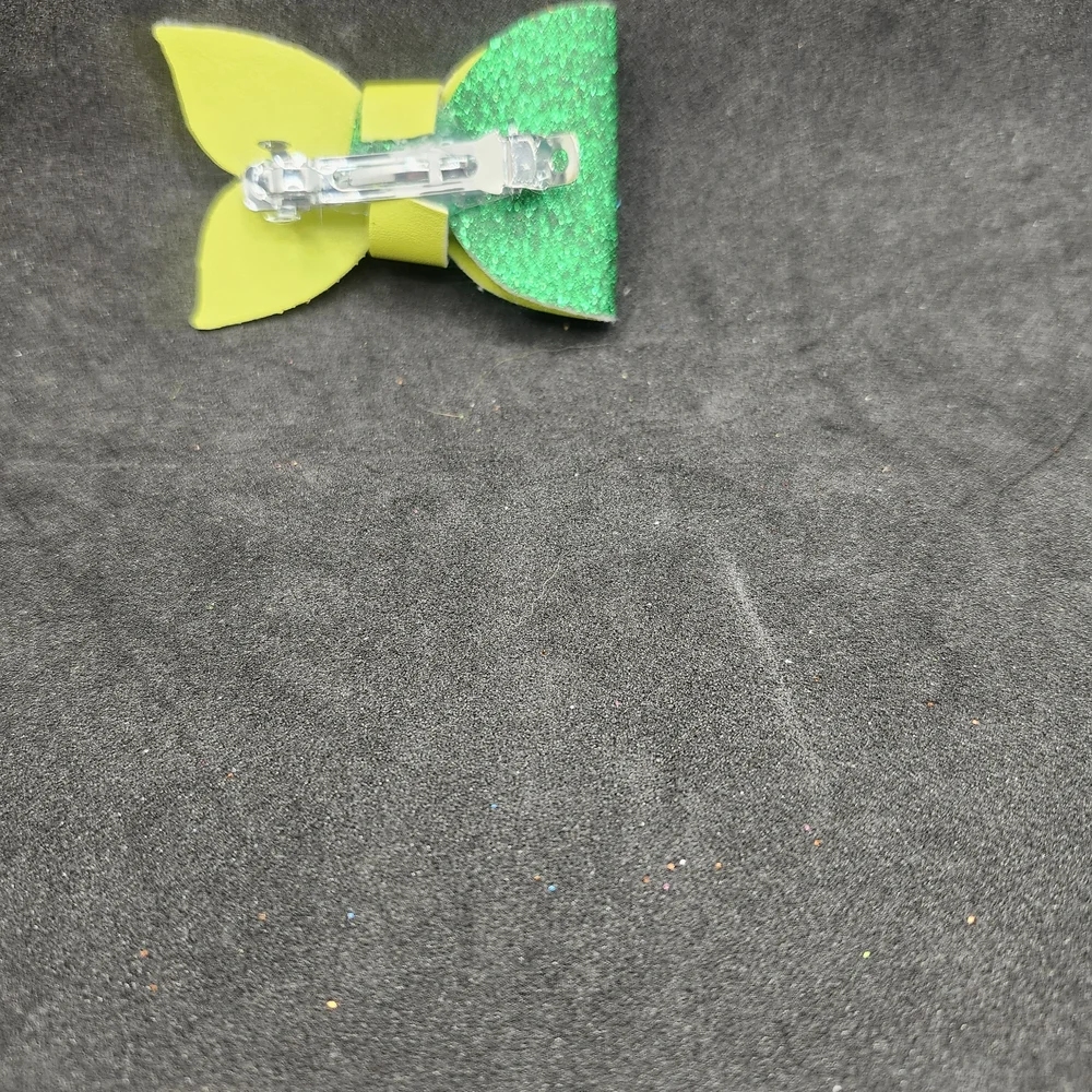 Hand Crafted Green Glitter Hair Bow with Yellow Accent Faux Leather
